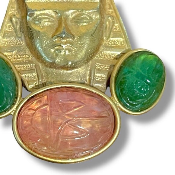 Vintage Alexis Kirk Egyptian Revival Brooch Unsigned Pharaoh Glass Scarab Pin - Picture 3 of 10